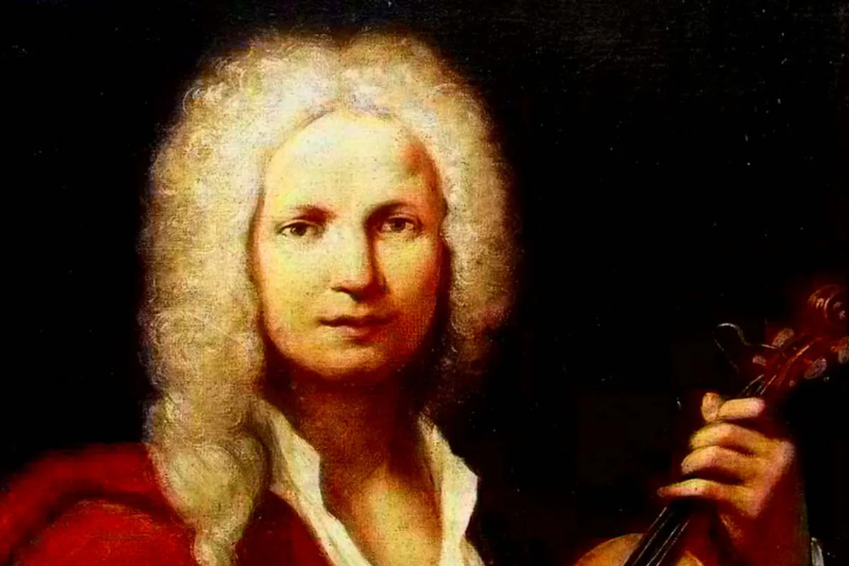 Ein gemaltes Porträt von Antonio Vivaldi in rotem Mantel mit einer Violine